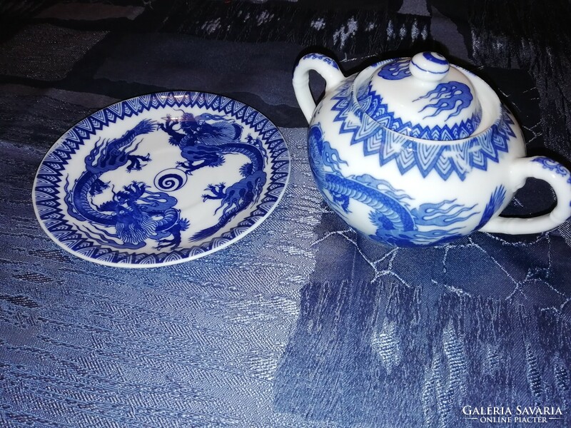 Japán, kék sárkányos, tojáshéj porcelán cukortartó és tányérka