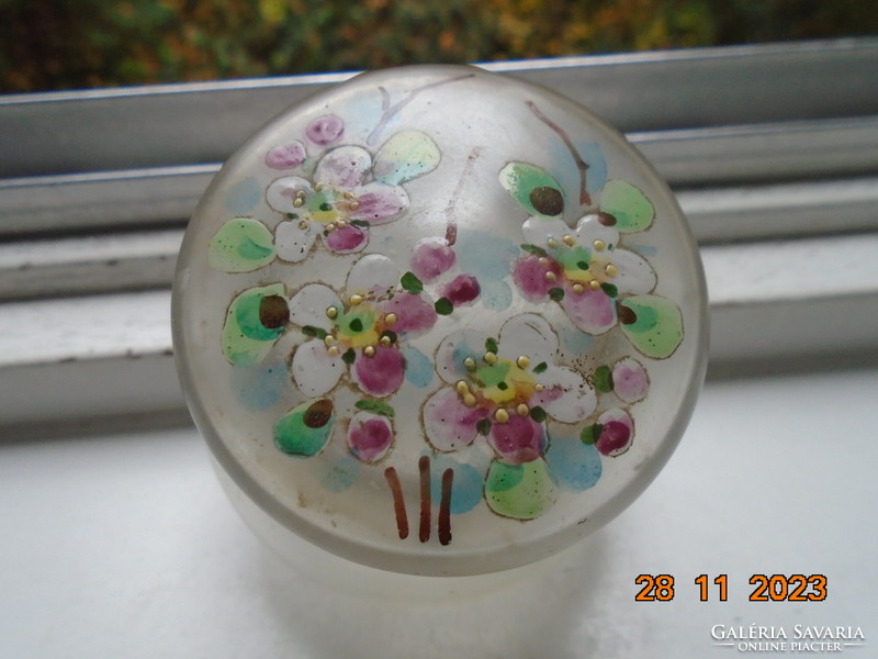 Antique hand-painted colored enamel with flowers, ormolu fixture, opal glass trinket holder