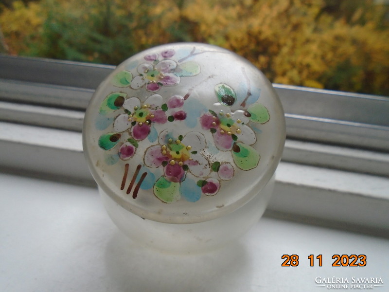 Antique hand-painted colored enamel with flowers, ormolu fixture, opal glass trinket holder