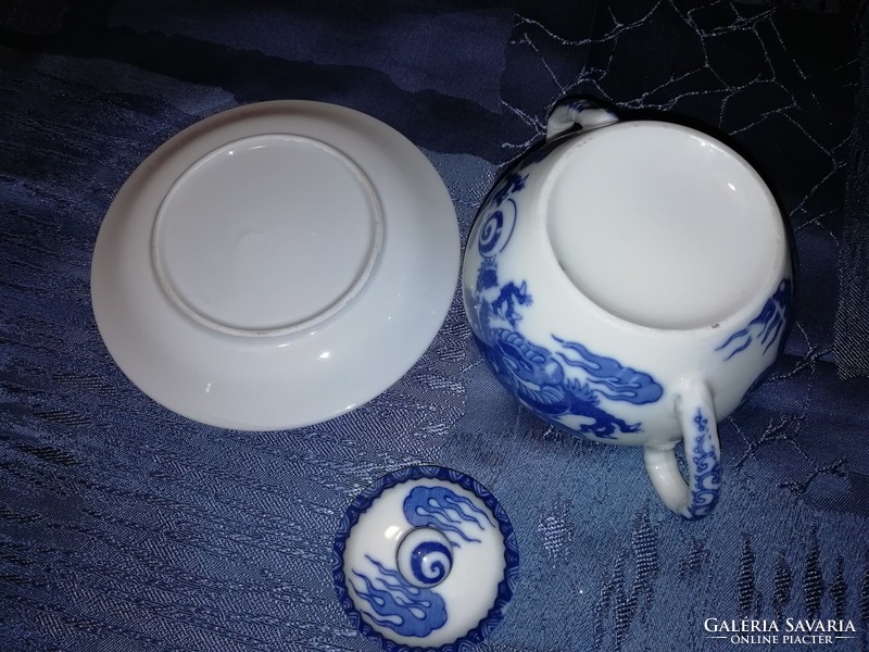 Japán, kék sárkányos, tojáshéj porcelán cukortartó és tányérka