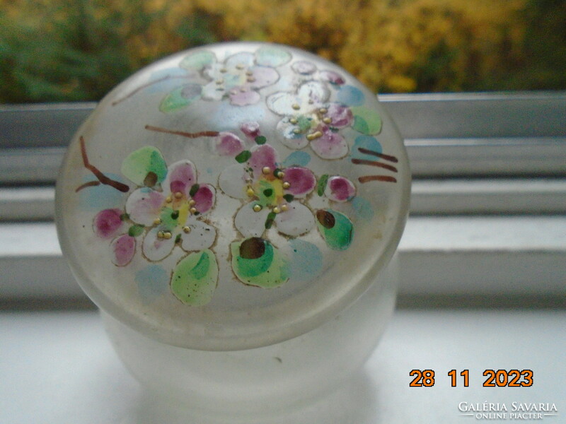 Antique hand-painted colored enamel with flowers, ormolu fixture, opal glass trinket holder