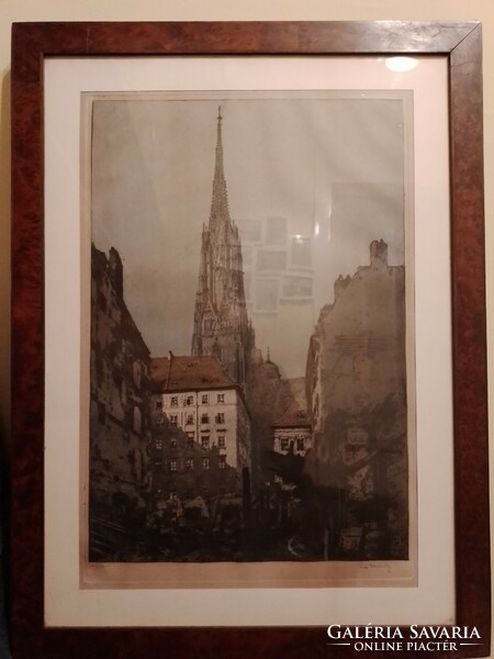 Newest! Luigi Kasimir: the tower of the Stephansdom in Vienna, colored etching