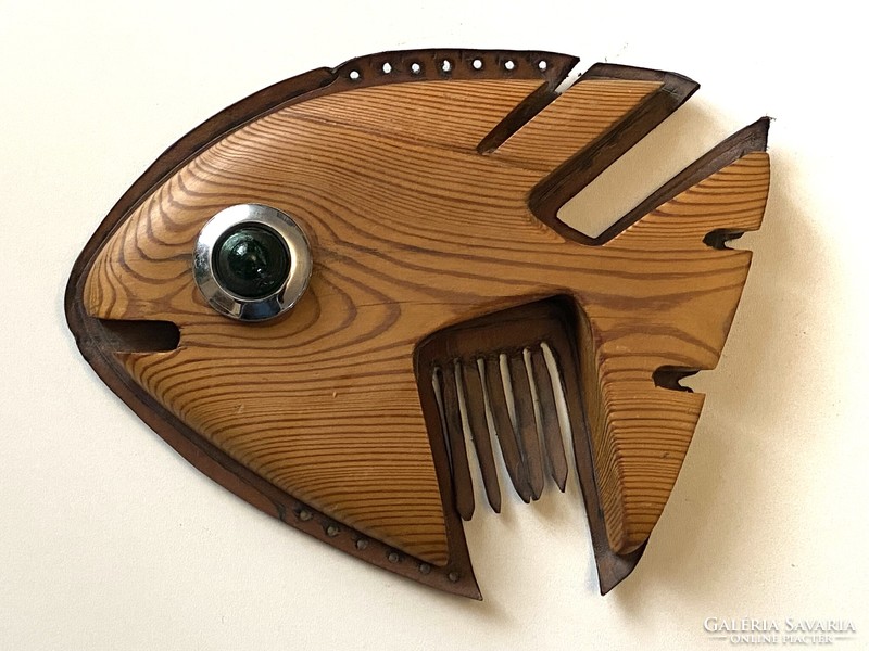 Wood and leather fish retro carved turned wall picture