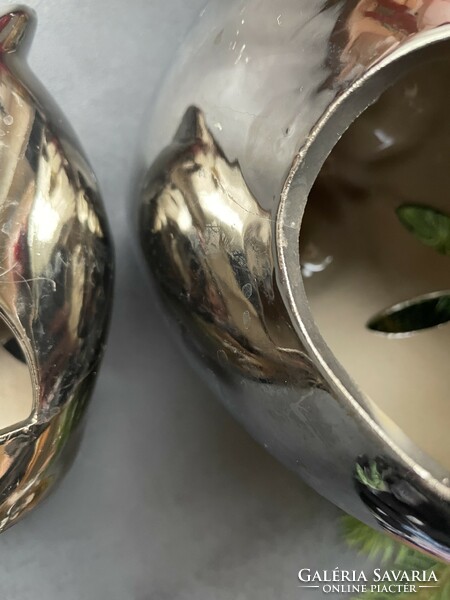 Két nagy, ezüst színű kerámia bagoly mécsestartó - modern dísz