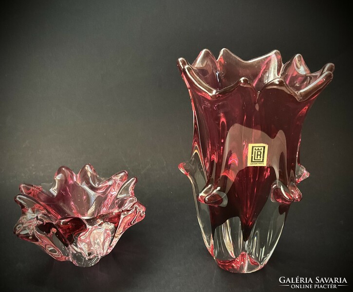 Czechoslovak showcase stained glass vase and bowl burgundy