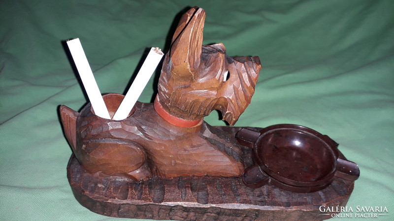 Vintage wooden carved fox terrier dog figurine table decoration, with vinyl ashtrays as shown in the pictures