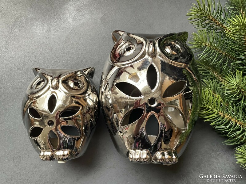 Two large, silver-colored ceramic owl candle holders - modern decoration