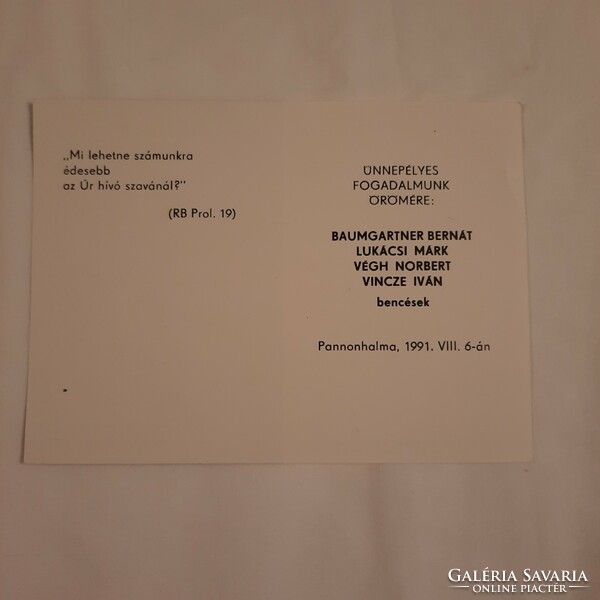 Commemorative sheet about the solemn vow of Benedictines in Pannonhalm, 1991.