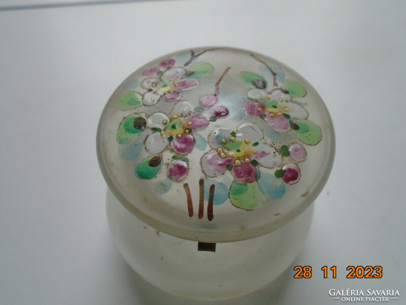 Antique hand-painted colored enamel with flowers, ormolu fixture, opal glass trinket holder