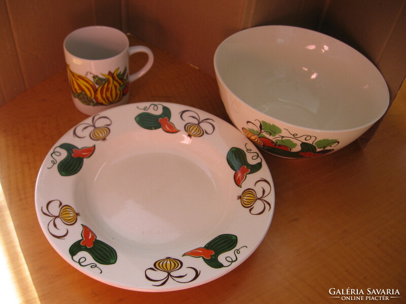 Retro torgau vegetable pattern ndk, ddr ceramic bowl and plate with porcelain mug