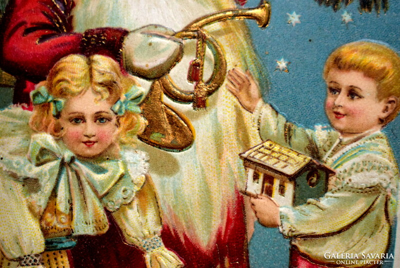 Antik dombornyomott Karácsonyi képeslap - Mikulás,Karácsonyfa, gyerekek, játékok - Gyűjteménybe