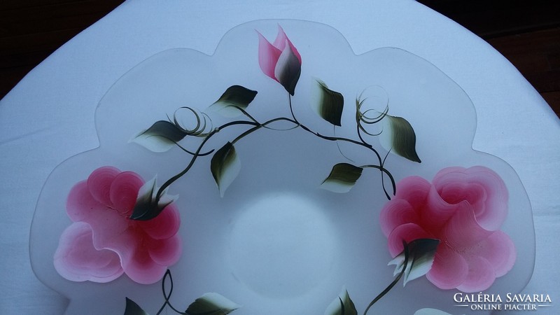 Large flower-shaped opal painted glass bowl with a rose pattern