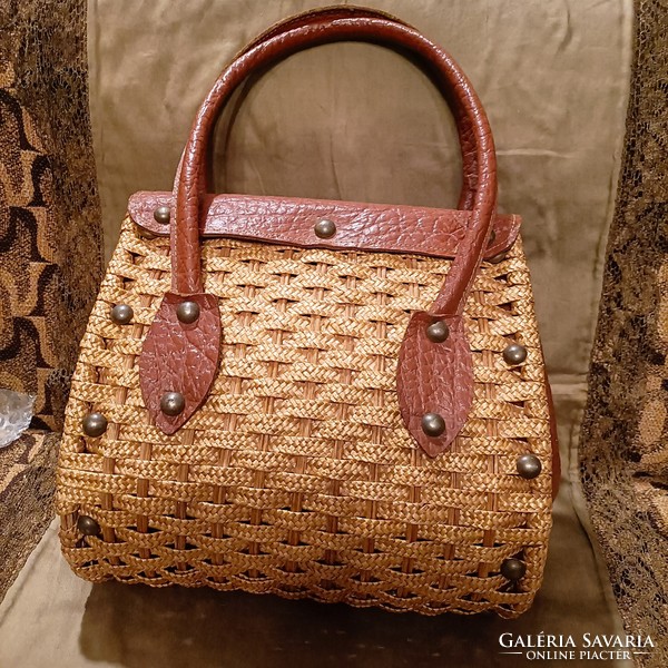 Antique handmade bag leather and straw