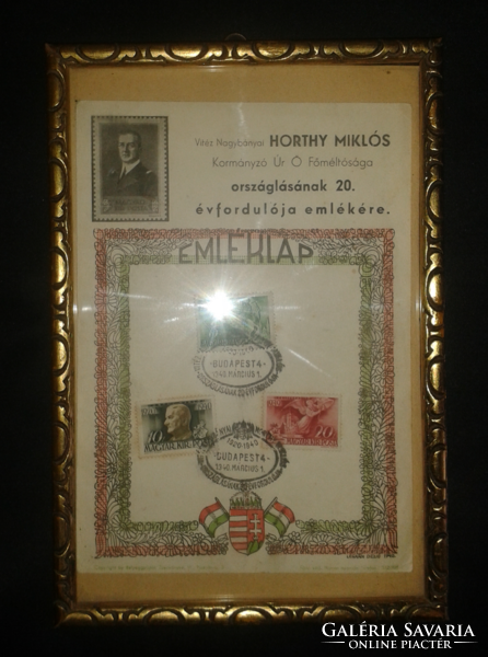 Horthy Miklós országlásának 20. évfordulója emlékére kiadót emléklap, korabeli keretezés március 1.