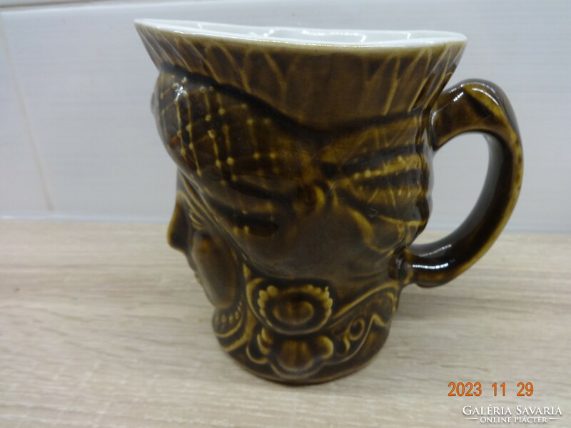 Brown ceramic beer (or coffee/tea) mug in the shape of a goddess head