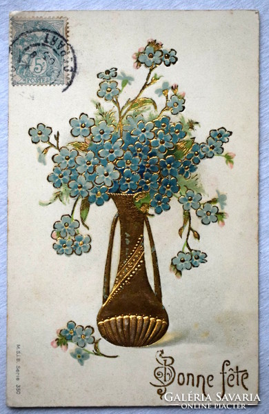 Antique embossed greeting card - forget-me-not in a gold vase