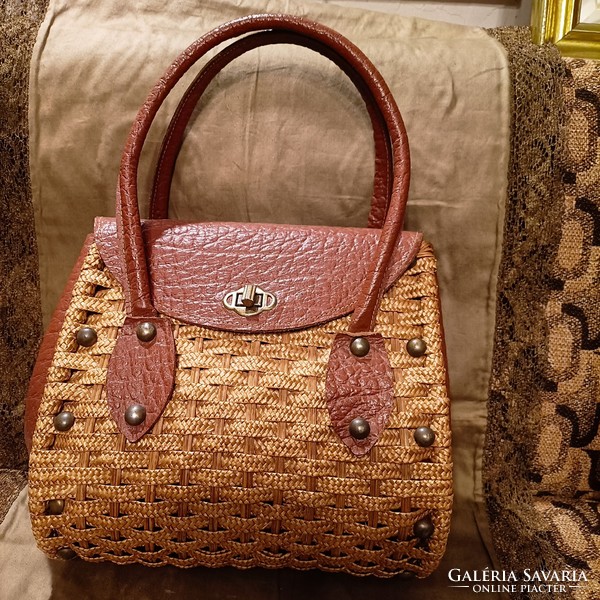 Antique handmade bag leather and straw