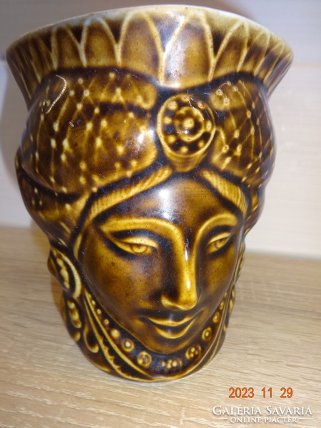 Brown ceramic beer (or coffee/tea) mug in the shape of a goddess head