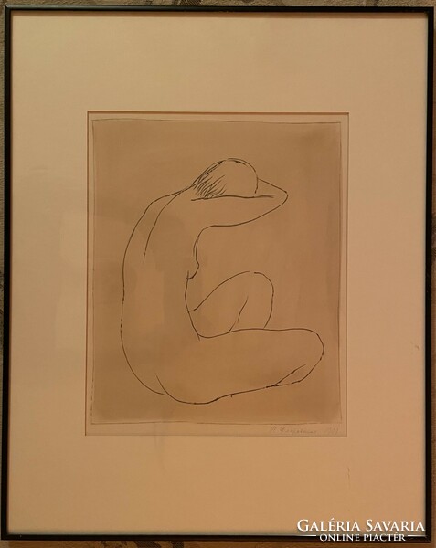 Nyina Florovskaya, female nude 2, one-line drawing scratched with a needle, cardboard, 30 x 23 cm + frame