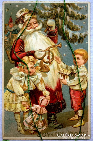 Antik dombornyomott Karácsonyi képeslap - Mikulás,Karácsonyfa, gyerekek, játékok - Gyűjteménybe