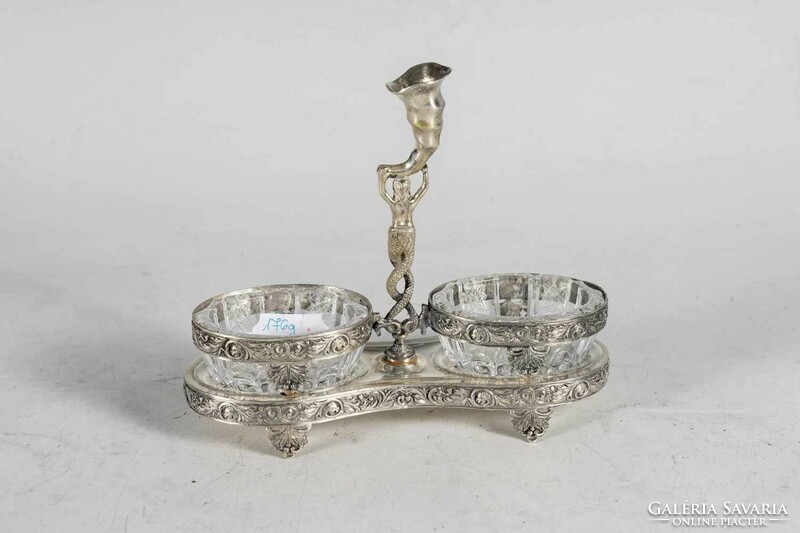 Silver mermaid table salt and pepper holder with toothpick holder in the middle