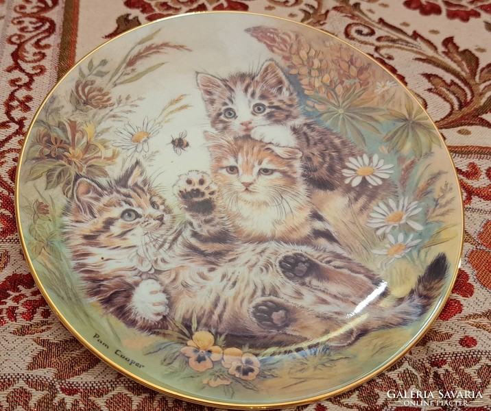 Három macskás porcelán dísztányér, falitányér (L4337)