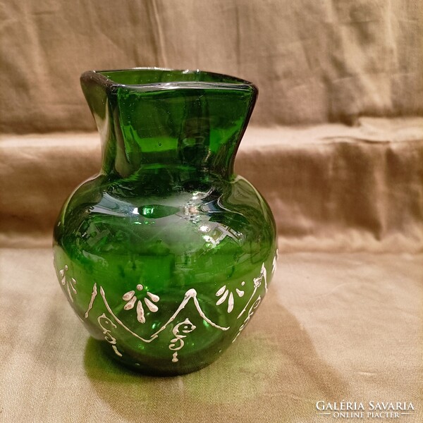 Hand painted green blown glass huta jug