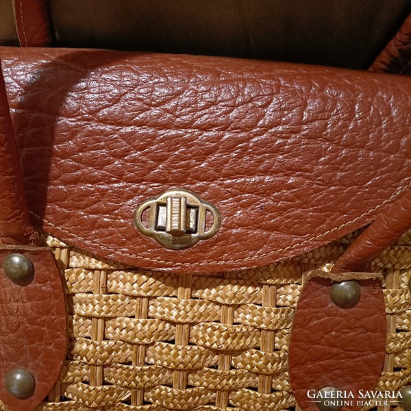 Antique handmade bag leather and straw