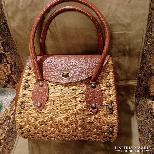 Antique handmade bag leather and straw