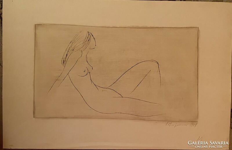 Nyina Florovszkaja, Női akt 11, tűvel karcolt egyvonalas rajz, karton, 19 x 33 cm, nincs keretezve