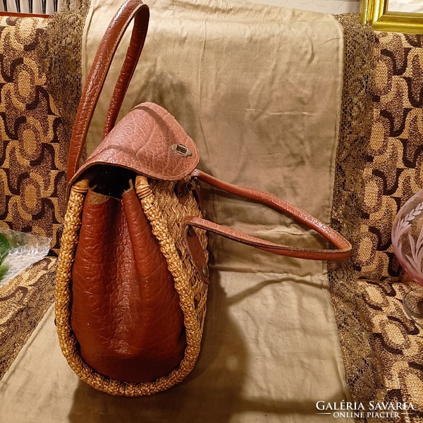 Antique handmade bag leather and straw