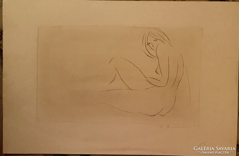 Nyina Florovszkaja, Női akt 13, tűvel karcolt egyvonalas rajz, karton, 19 x 32 cm, nincs keretezve