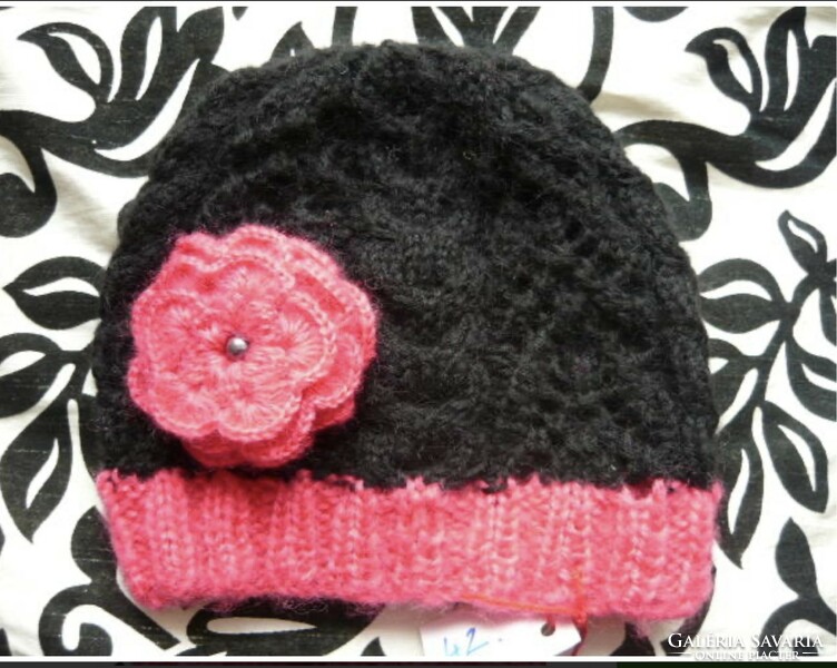 Black-pink, floral, hand-knitted women's hat new
