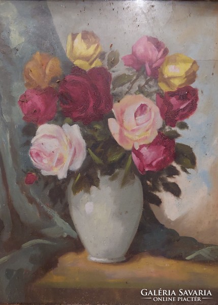 Jelzett olaj-vászon virágcsendélet festmény, rózsák