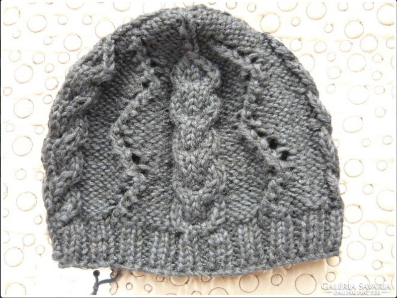 Black women's cap, hand-knitted, floral (96.) Thick