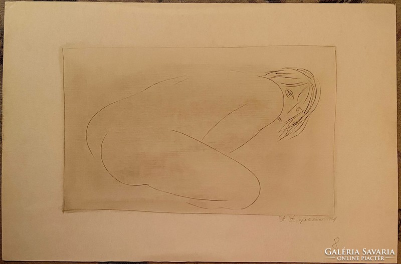 Nyina Florovszkaja, Női akt 8, tűvel karcolt egyvonalas rajz, karton, 20 x 32 cm, nincs keretezve