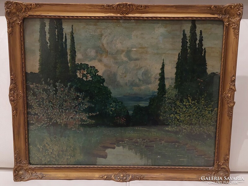 Oil-on-cardboard landscape painting glazed blondel picture frame