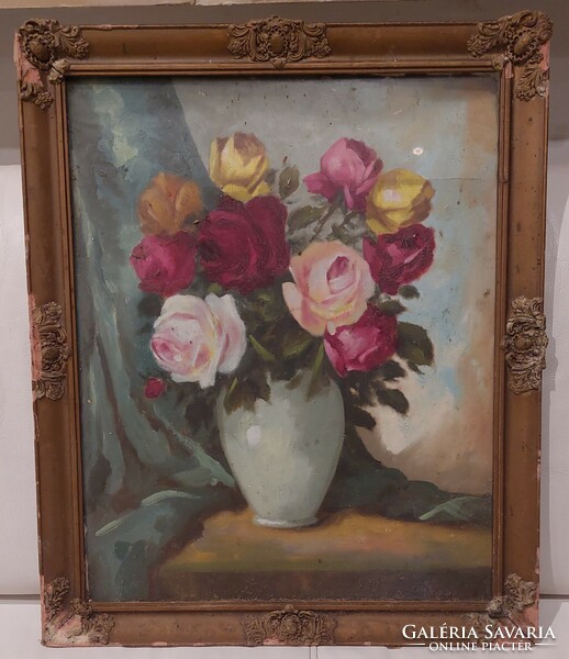 Signed oil-on-canvas floral still life painting, roses