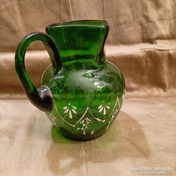Hand painted green blown glass huta jug