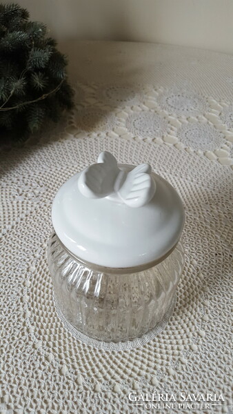 Thick glass container with butterfly, porcelain lid