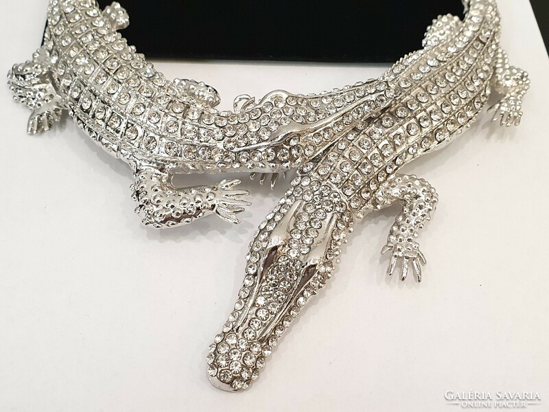 Silver colored crystal alligator necklace
