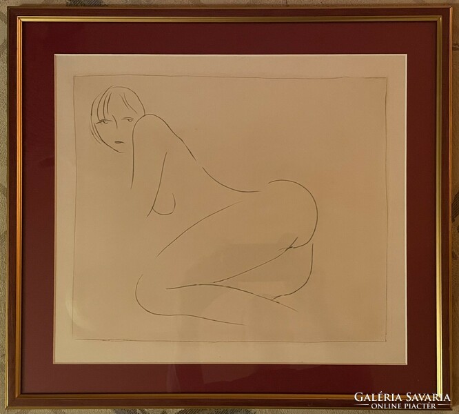 Nyina Florovskaya, female nude 1, one-line drawing scratched with a needle, cardboard, 26 x 30 cm + frame