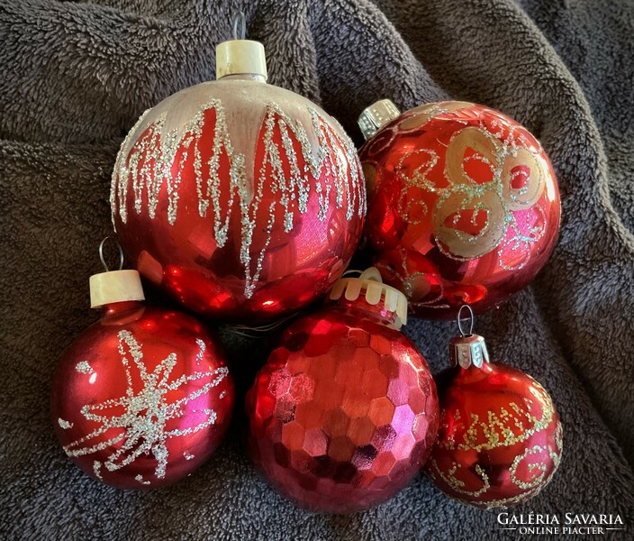 5 Pcs retro red sphere glass Christmas tree decorations from Czechoslovakia