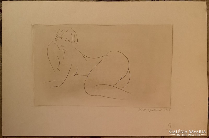 Nyina Florovszkaja, Női akt 9, tűvel karcolt egyvonalas rajz, karton, 19 x 32 cm, nincs keretezve
