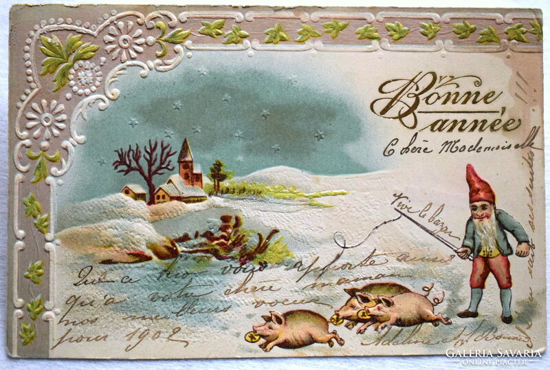 Antique embossed New Year greeting card - pigs and dwarf with a whip from 1901