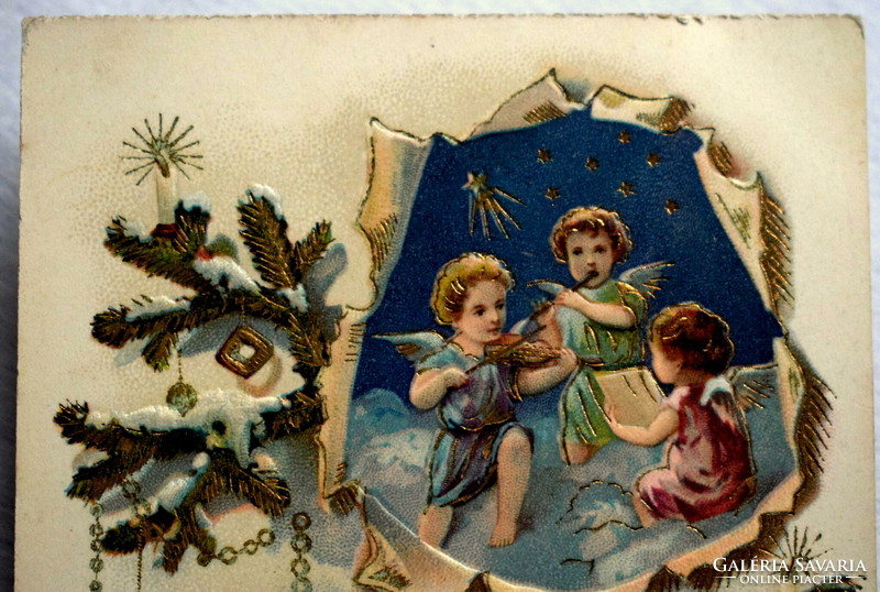Antique embossed Christmas greeting card - musical children and angels Christmas tree branch from 1906