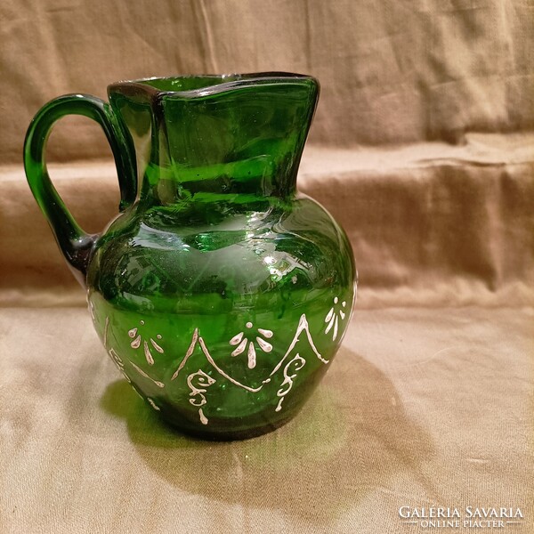 Hand painted green blown glass huta jug