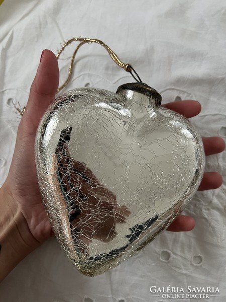 Nagyon régi nagyméretű vastag üveg szív karácsonyfadísz