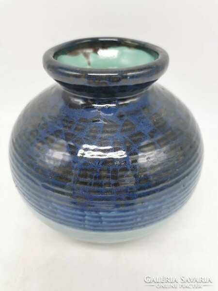 16 cm retro váza, türkiz- kék kerámia, jelzett