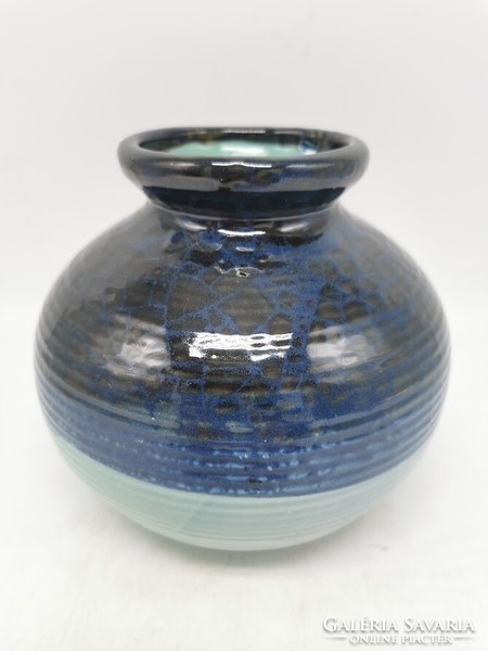 16 Cm retro vase, turquoise-blue ceramic, marked